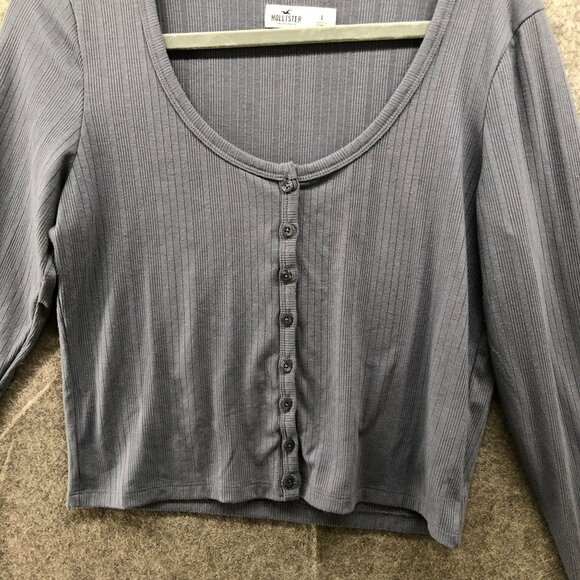 Hollister Long Sleeve Cropped T Shirt Womens L Blue Scoop Neck Button Front Knit - Picture 4 of 8